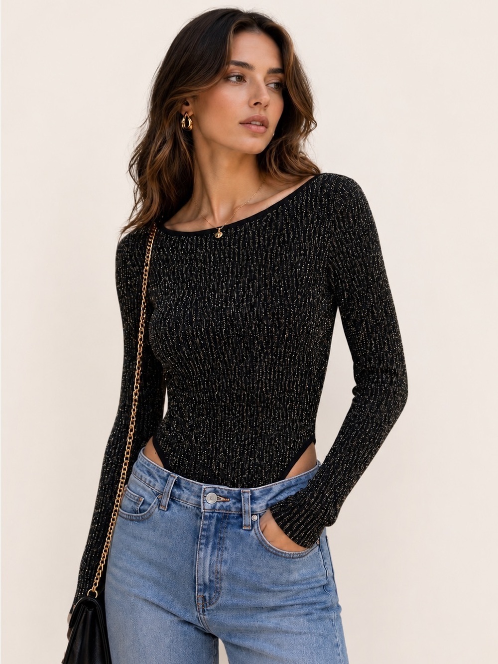 Free People Black & Gold Shimmer Long Sleeve Bodysuit